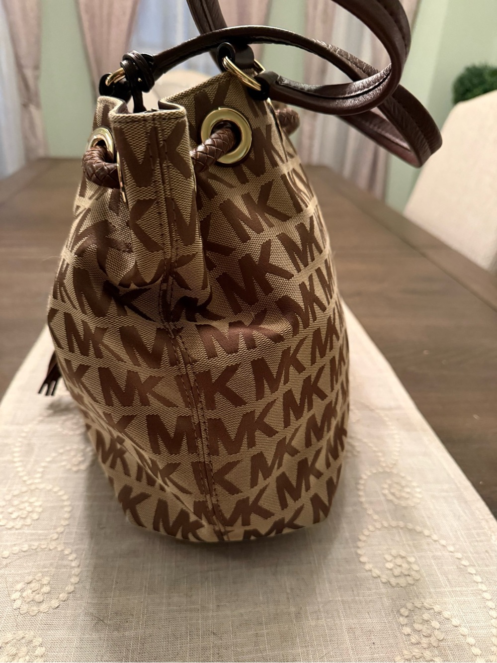 Michael Kors Brown Monogram Drawstring Tassel Handbag & Wallet MK Logo MSRP $450 - Picture 2 of 12